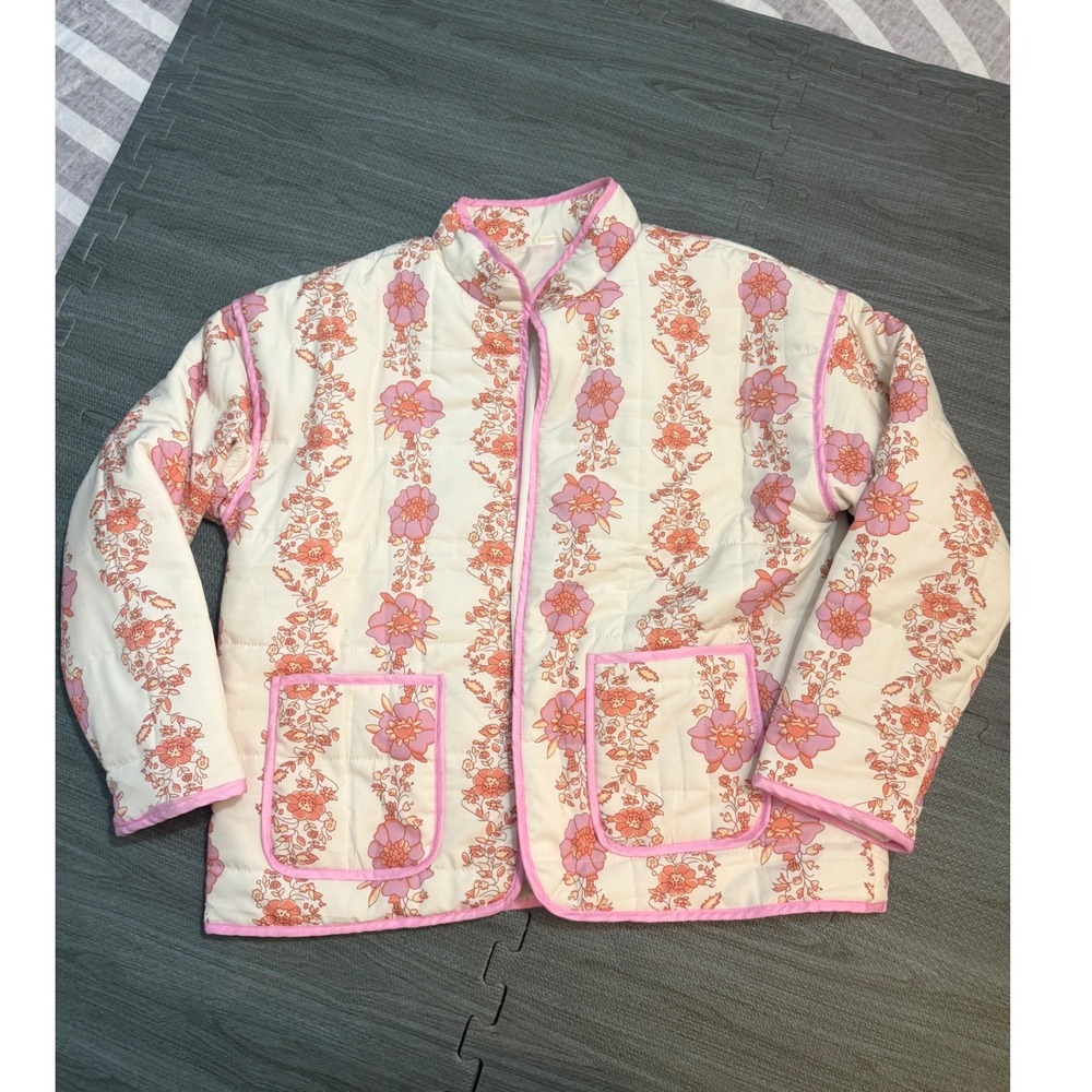 Womens Quilted Floral Jacket Pink Orange Mandarin Collar Open Front Pockets M
